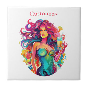 Rainbow-haired Mermaid With Cocktail  Tile