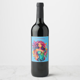 Rainbow-haired Mermaid With Cocktail  Wine Label
