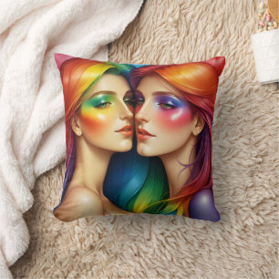 Rainbow Haired Women Embracing Colourful Beauty Throw Pillow