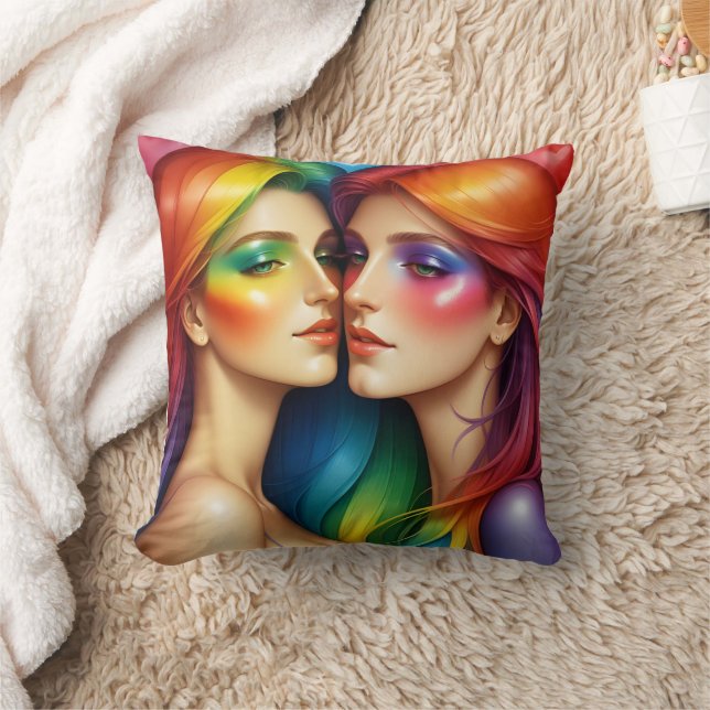Rainbow Haired Women Embracing Colourful Beauty Throw Pillow (Blanket)