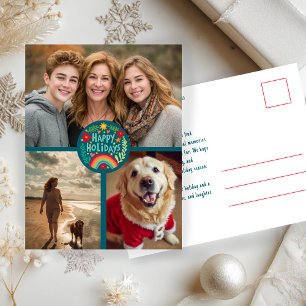 Rainbow Hand-Drawn Cute Holiday CUSTOM 3 PHOTO Postcard