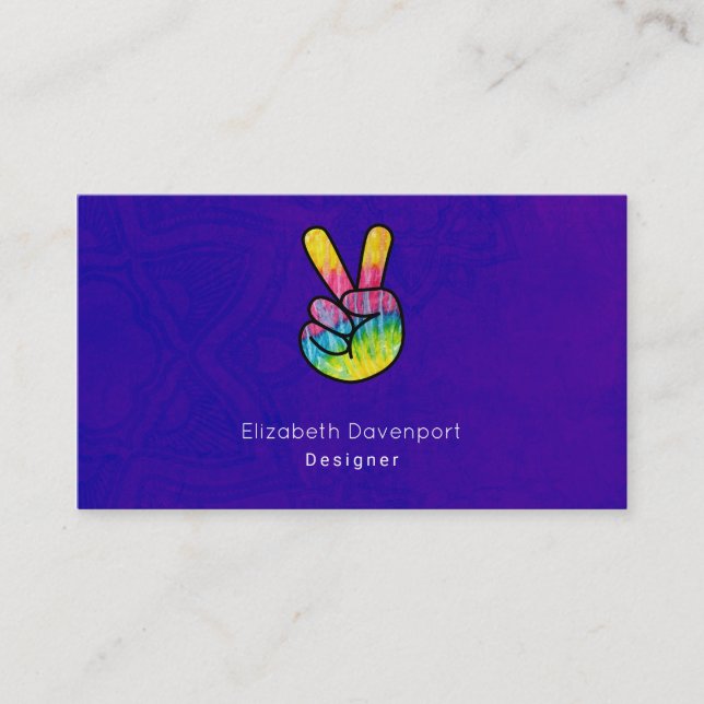 Rainbow Hand Peace Sign Acid Purple Background Business Card (Front)