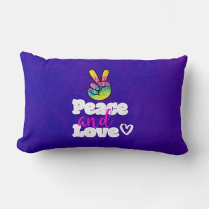 Rainbow Hand Peace Sign Peace and Love Typography Lumbar Pillow