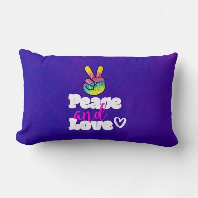 Rainbow Hand Peace Sign Peace and Love Typography Lumbar Pillow (Front)