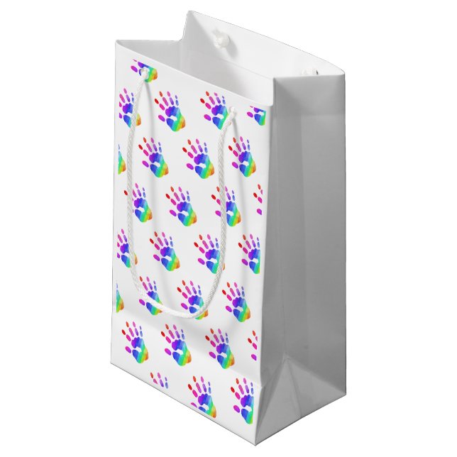 Rainbow Handprint Pattern Kids Colourful Fun Small Gift Bag (Front Angled)