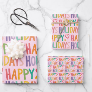Rainbow HAPPY HOLIDAYS Hand-Drawn Christmas Set of Wrapping Paper Sheet