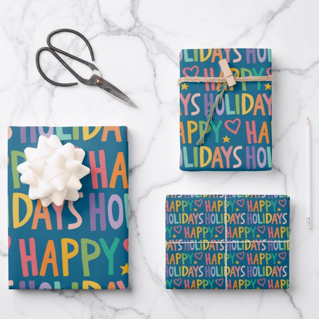 Rainbow HAPPY HOLIDAYS Hand-Drawn Christmas Set of Wrapping Paper Sheet (Front)