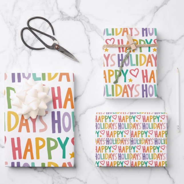 Rainbow HAPPY HOLIDAYS Hand-Drawn Christmas Set of Wrapping Paper Sheet (Front)