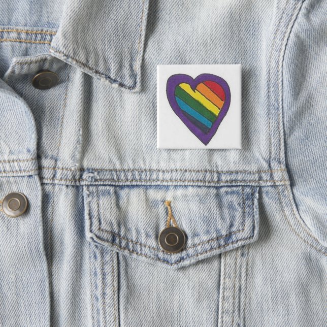 Rainbow Heart 2 Inch Square Button (In Situ)