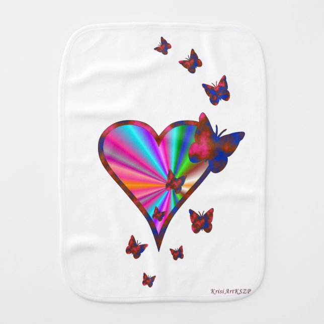 Rainbow Heart and Butterfly Burp Cloth (Front)