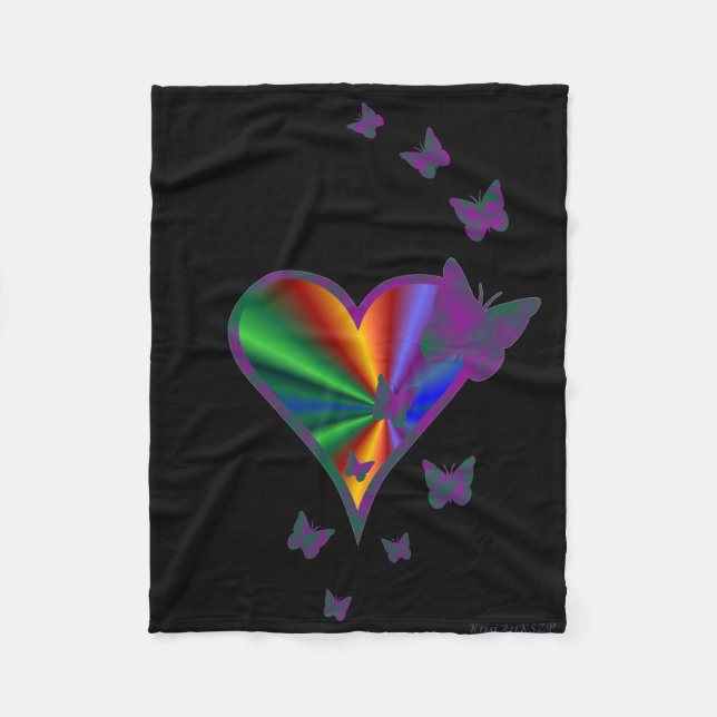 Rainbow Heart and Butterfly Fleece Blanket (Front)