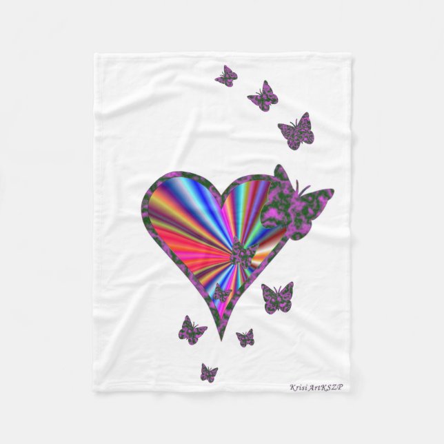 Rainbow Heart and Butterfly Fleece Blanket (Front)