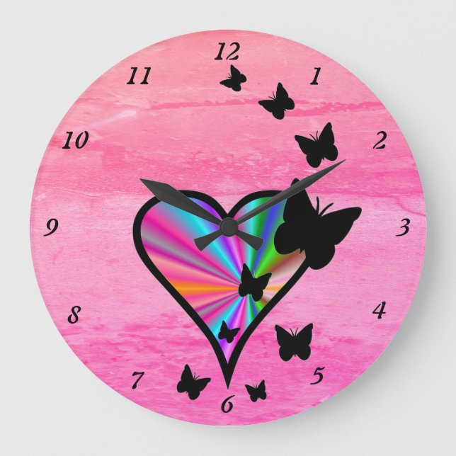 Rainbow Heart and Butterfly Large Clock (Front)