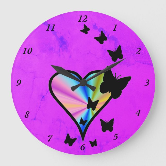 Rainbow Heart and Butterfly Large Clock (Front)