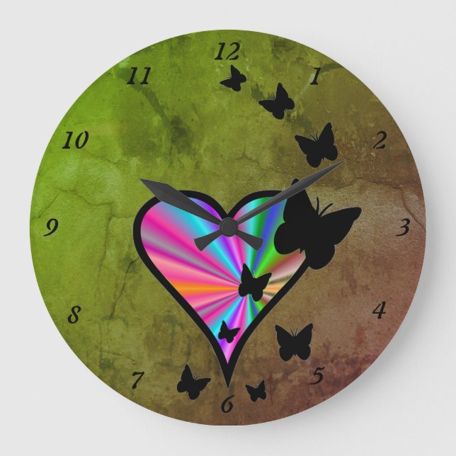 Rainbow Heart and Butterfly Large Clock (Front)