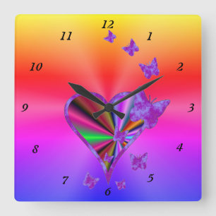 Rainbow Heart and Butterfly Square Wall Clock