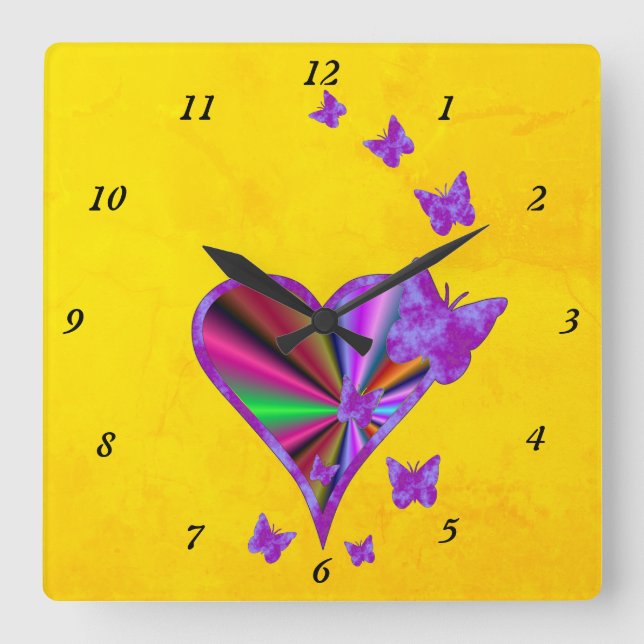 Rainbow Heart and Butterfly Square Wall Clock (Front)