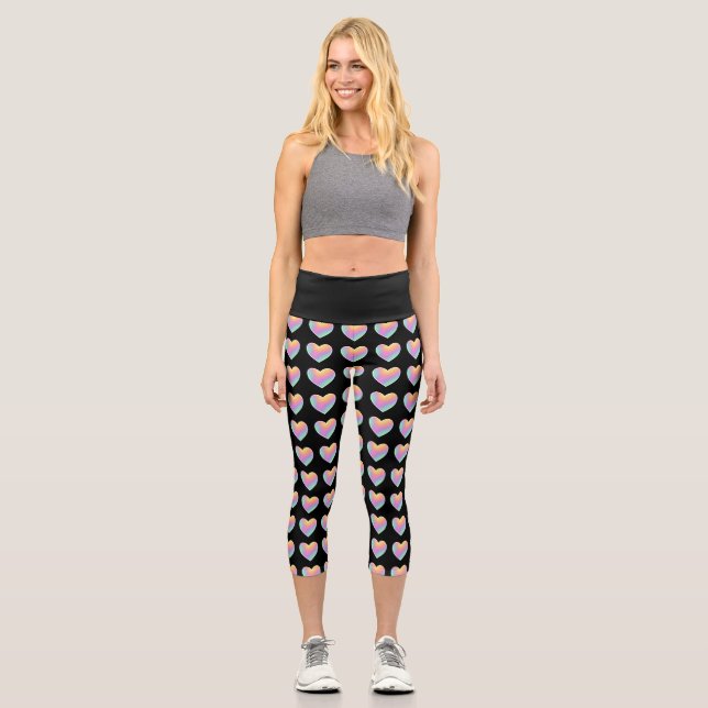 Rainbow Heart Black Capri Leggings (Front)