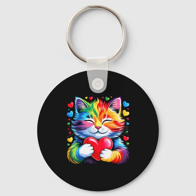 Rainbow Heart Cat, Cute Valentine Day For Kids Boy Keychain (Front)