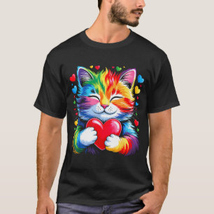 Rainbow Heart Cat, Cute Valentine Day For Kids Boy T-Shirt