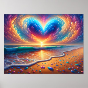 Rainbow Heart Cloud Over the Beach Poster