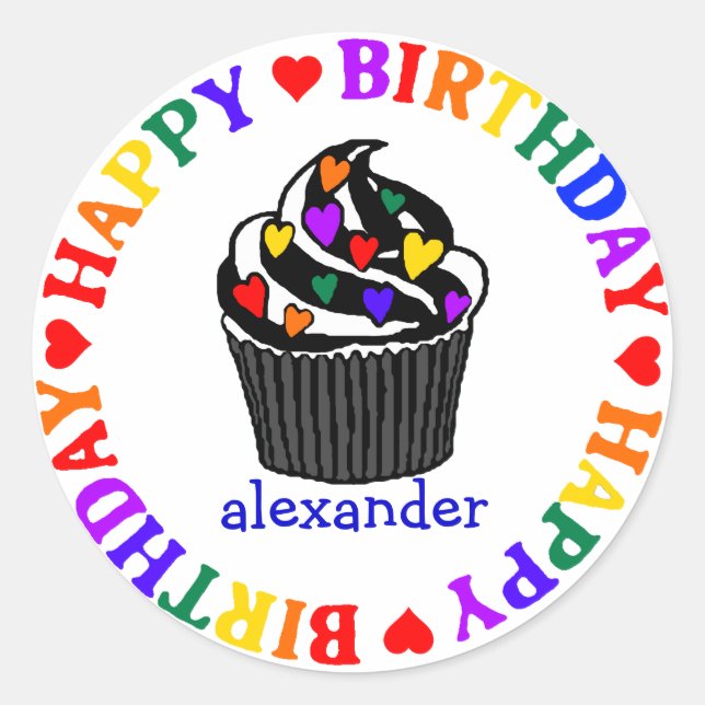 Rainbow Heart Cupcake Birthday Classic Round Sticker (Front)