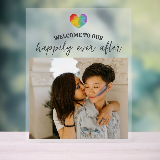 Rainbow Heart Happily Ever After LGBT Wedding Acrylic Sign (Neutral)