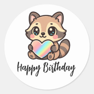 Rainbow Heart Happy Kawaii Raccoon Happy Birthday Classic Round Sticker