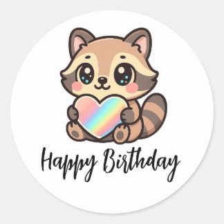Rainbow Heart Happy Kawaii Raccoon Happy Birthday Classic Round Sticker