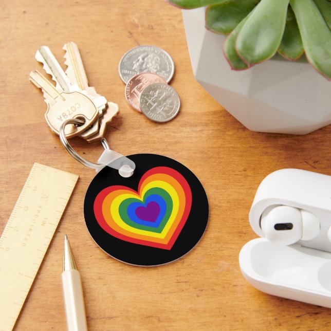 Rainbow Heart LGBTQ Pride on Black Keychain (Desk)