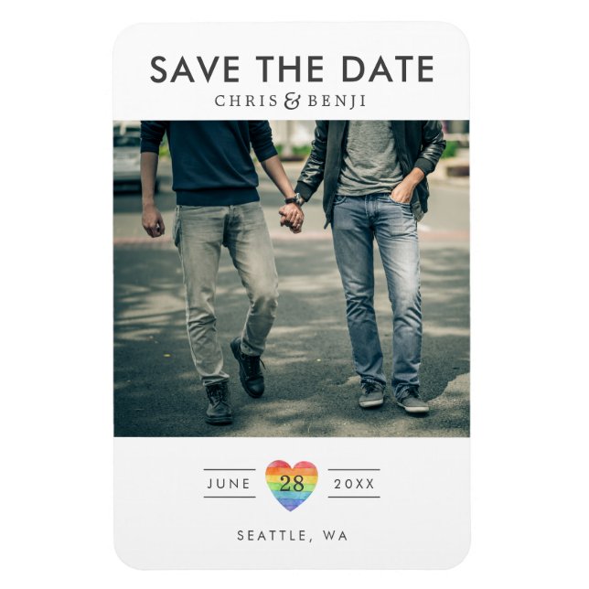 Rainbow Heart LGBTQ Save the Date with Photo Magnet (Vertical)