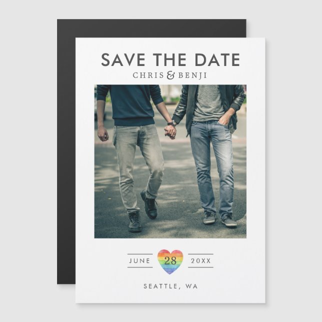 Rainbow Heart LGBTQ Save the Date with Photo Magnetic Invitation (Front/Back)