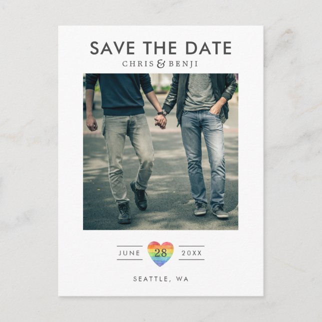 Rainbow Heart LGBTQ Save the Date with Photo Postcard (Front)