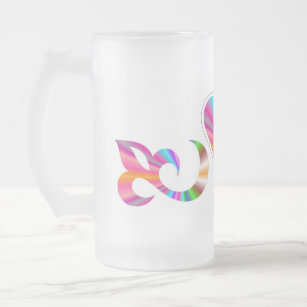 Rainbow Heart Lily and Butterfly Frosted Glass Beer Mug
