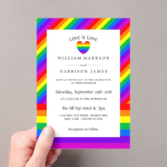 Rainbow Heart Love is Love Wedding Acrylic Invitations (Insitu (Handheld))