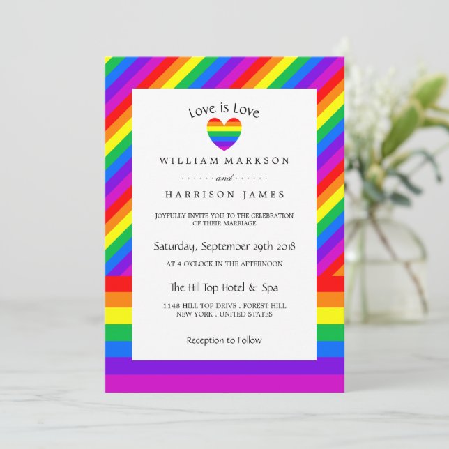 Rainbow Heart Love is Love Wedding Invitation (Standing Front)