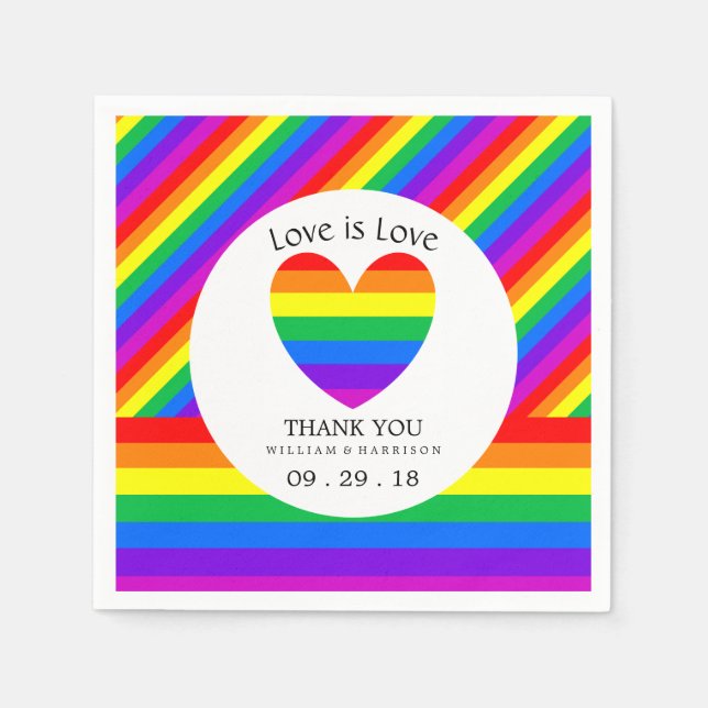 Rainbow Heart Love is Love Wedding Napkin (Front)