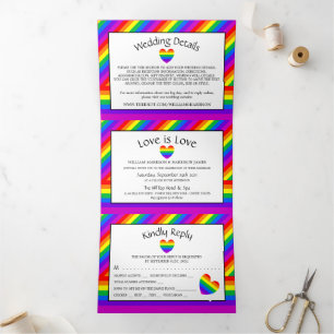 Rainbow Heart, Love is Love Wedding Suite Tri-Fold Invitation