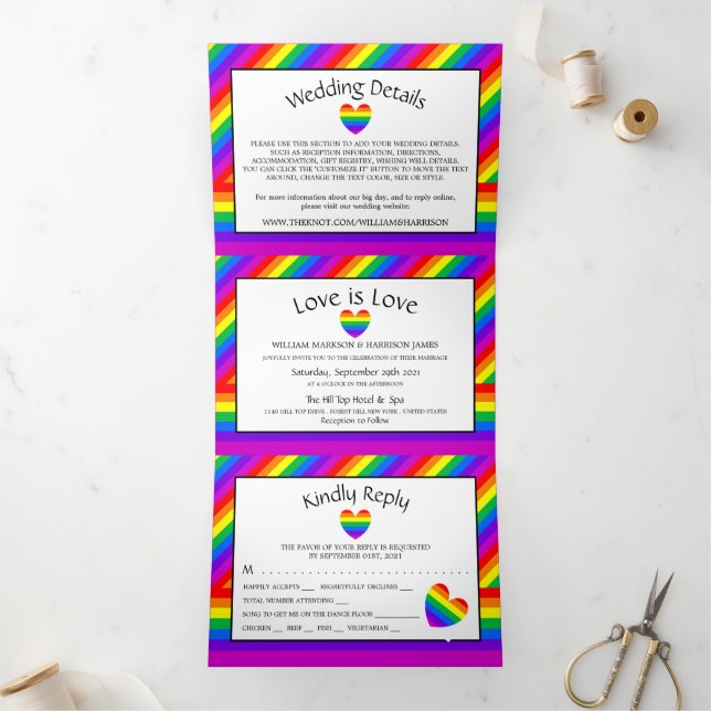 Rainbow Heart, Love is Love Wedding Suite Tri-Fold Invitation (Inside)