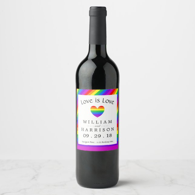 Rainbow Heart Love is Love Wedding Wine Label (Front)