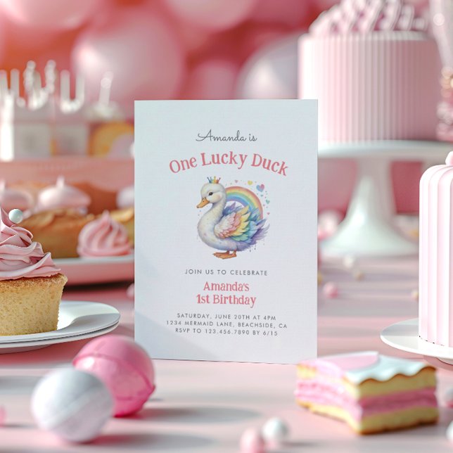 Rainbow Heart One Lucky Duck Girl First Birthday Invitation (Creator Uploaded)