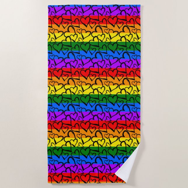 Rainbow Heart Pattern Beach Towel (Front)