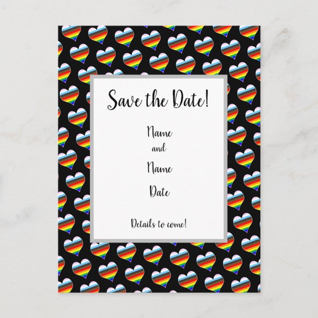 Rainbow Heart Pattern Save the Date Postcard (Front)