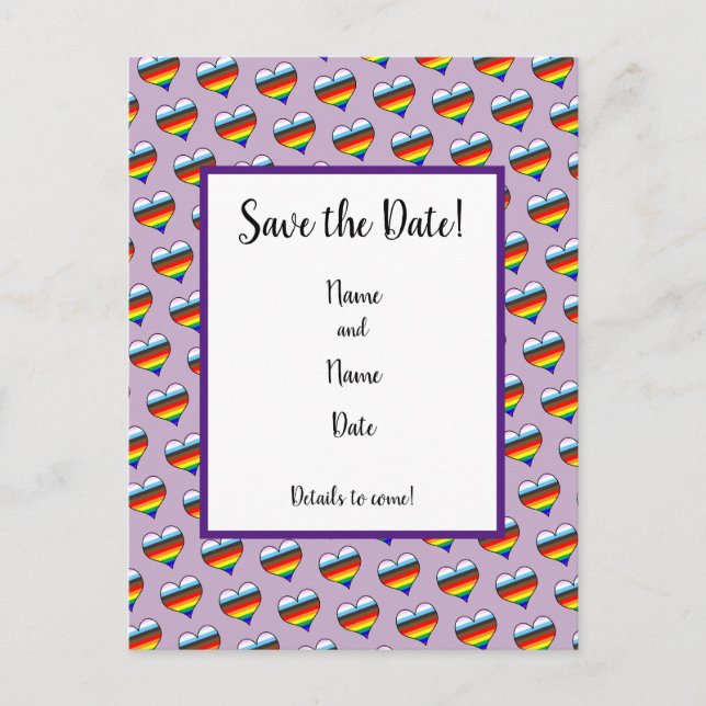 Rainbow Heart Pattern Save the Date Postcard (Front)