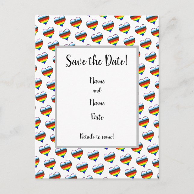 Rainbow Heart Pattern Save the Date Postcard (Front)