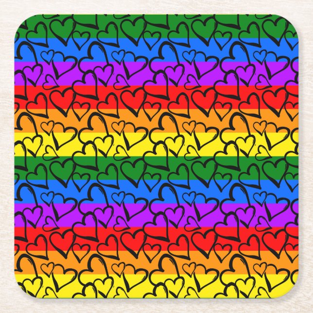 Rainbow Heart Pattern Square Paper Coaster (Front)