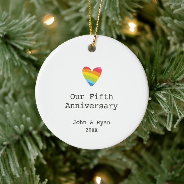 Rainbow Heart Personalized LGBT 5th Anniversary Ceramic Ornament (Tree)