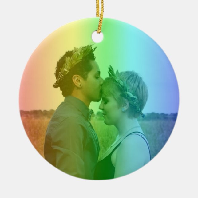 Rainbow Heart Photo Snowflakes Christmas LGBTQ Ceramic Ornament (Front)