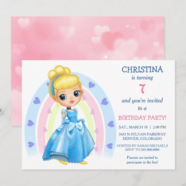 Rainbow Heart Princess Invitation de fête d'annive (Devant / Derrière)
