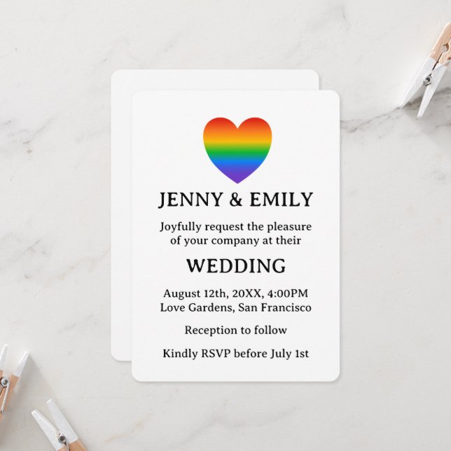 Rainbow Heart Proud Gay Lesbian Wedding  Invitation (Front/Back In Situ)